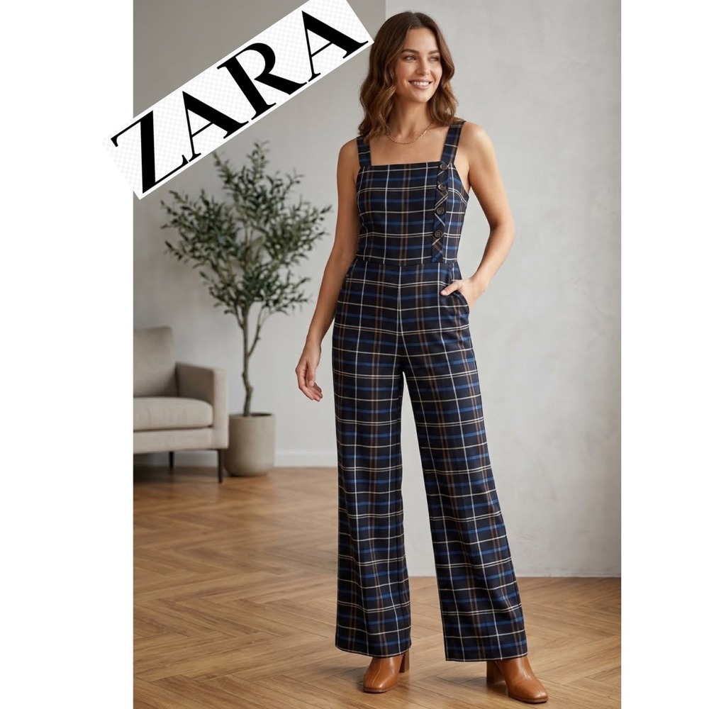 Zara Woman‎ Premium Denim Plaid Wide Leg Jumpsuit Navy Blue Small NWT